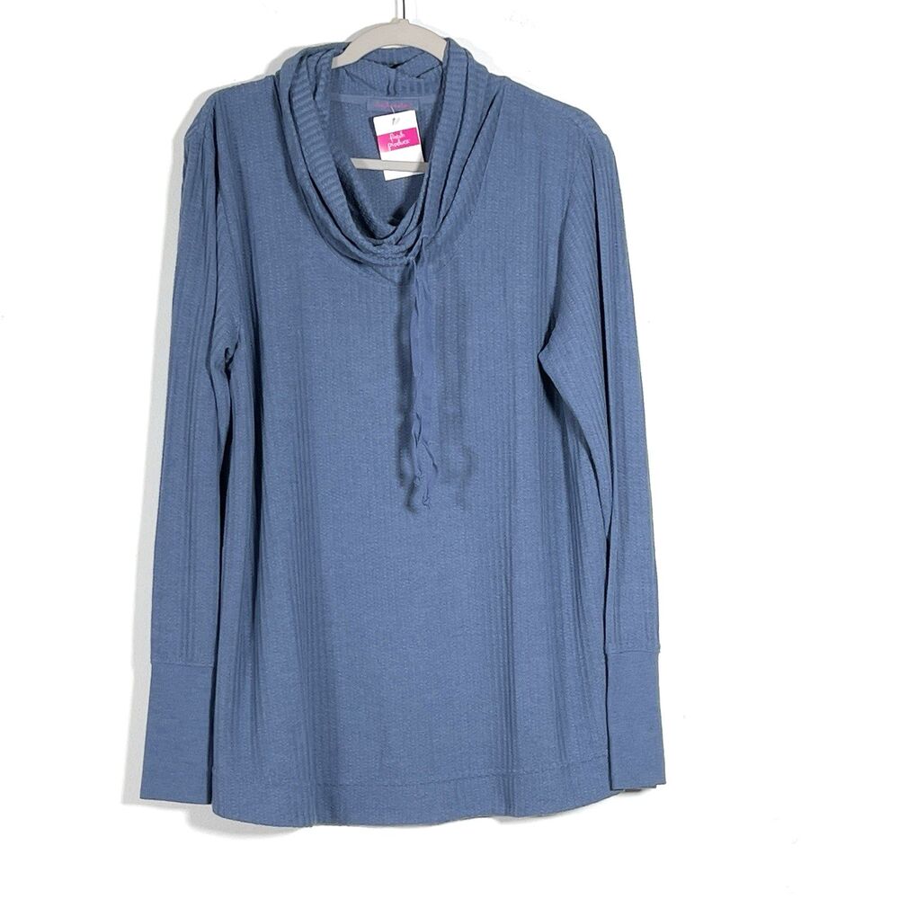 Fresh Produce Waffle Knit Cowl Neck Top Womens Sz XL Blue Long Sleeves